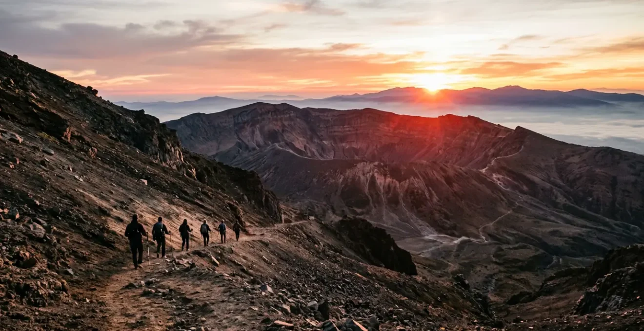 Randonneurs gravissant le Piton de la Fournaise au lever du soleil avec vue sur les paysages lunaires de l'enclos
