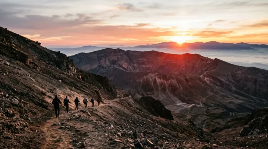 Randonneurs gravissant le Piton de la Fournaise au lever du soleil avec vue sur les paysages lunaires de l'enclos