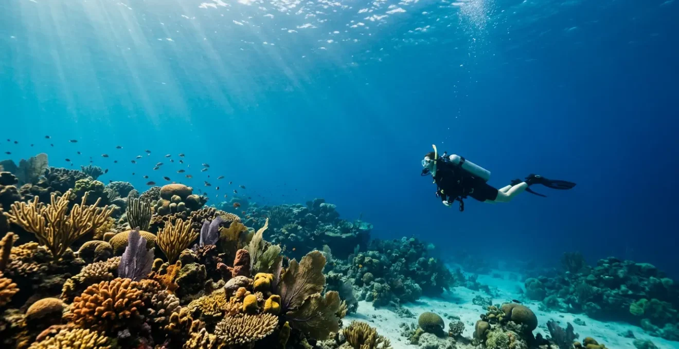 Plongeur débutant explorant les récifs coralliens dans les eaux cristallines de La Réunion