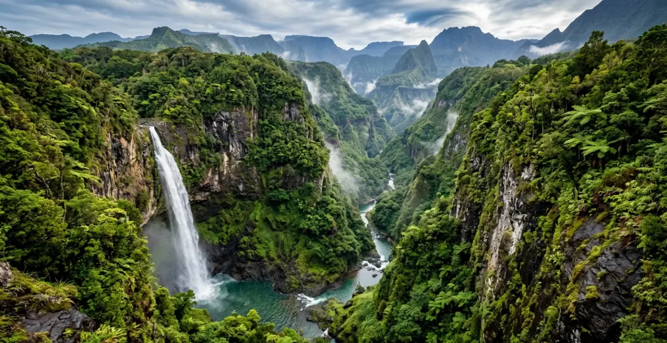 Canyon luxuriant dans l'est de La Réunion avec cascade, végétation tropicale et rochers volcaniques