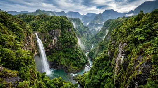 Canyon luxuriant dans l'est de La Réunion avec cascade, végétation tropicale et rochers volcaniques