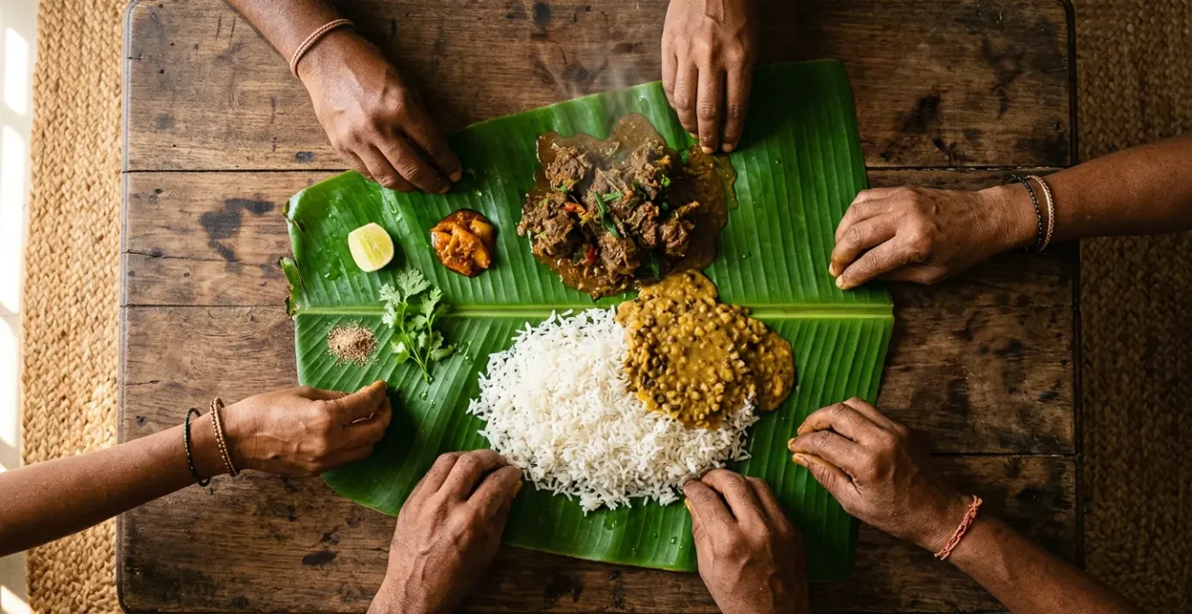 Un cari traditionnel servi sur une grande feuille de bananier verte, avec du riz blanc, des grains et de la viande épicée, des mains s'apprêtant à partager le repas