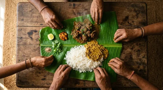 Un cari traditionnel servi sur une grande feuille de bananier verte, avec du riz blanc, des grains et de la viande épicée, des mains s'apprêtant à partager le repas
