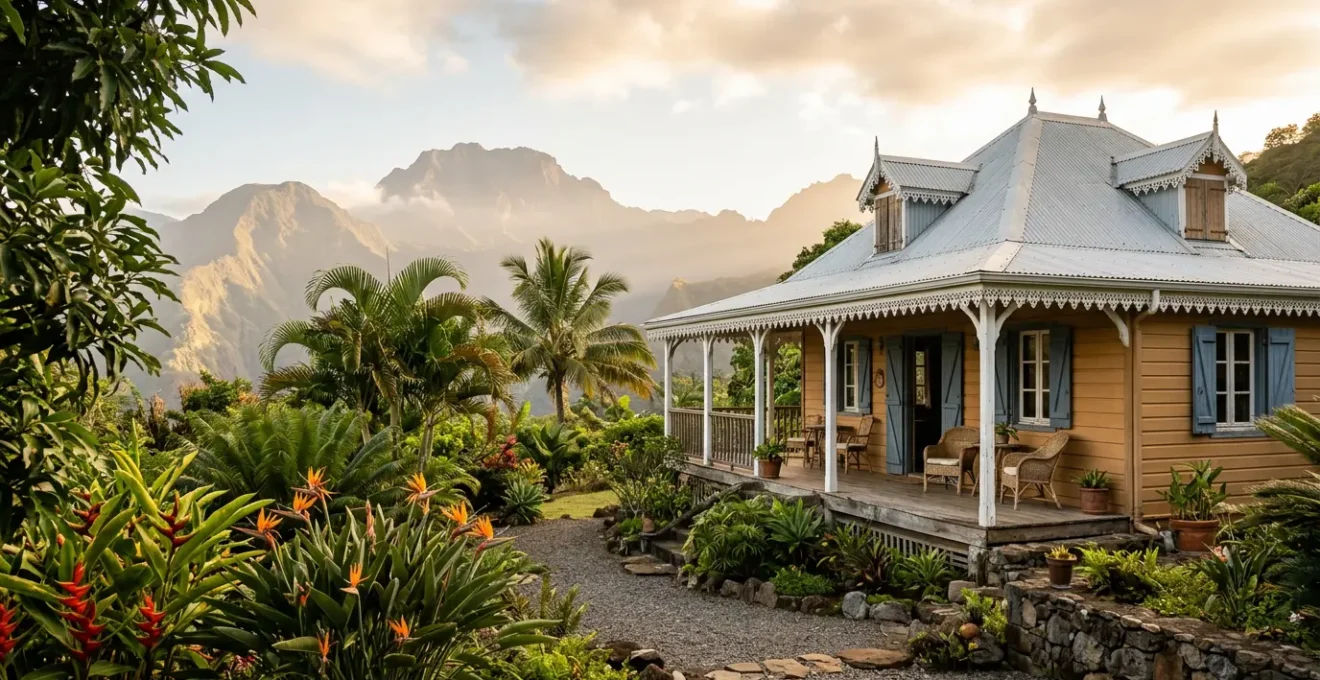 Case créole traditionnelle avec sa varangue ornée de lambrequins en dentelle de bois et son jardin tropical luxuriant
