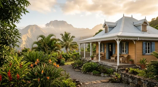 Case créole traditionnelle avec sa varangue ornée de lambrequins en dentelle de bois et son jardin tropical luxuriant
