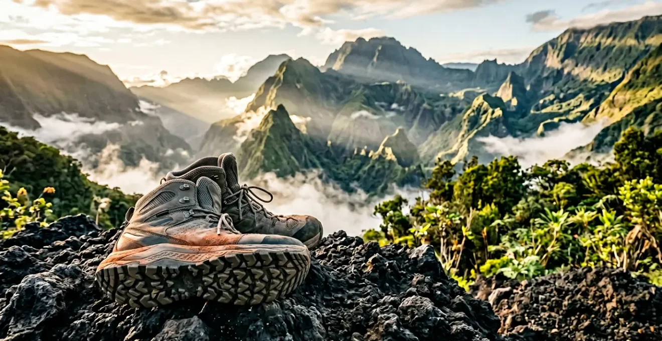 Chaussures de randonnée techniques posées sur roche volcanique noire de La Réunion avec vue sur cirque montagneux en arrière-plan