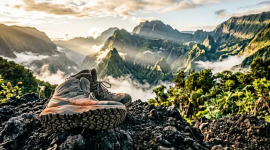 Chaussures de randonnée techniques posées sur roche volcanique noire de La Réunion avec vue sur cirque montagneux en arrière-plan