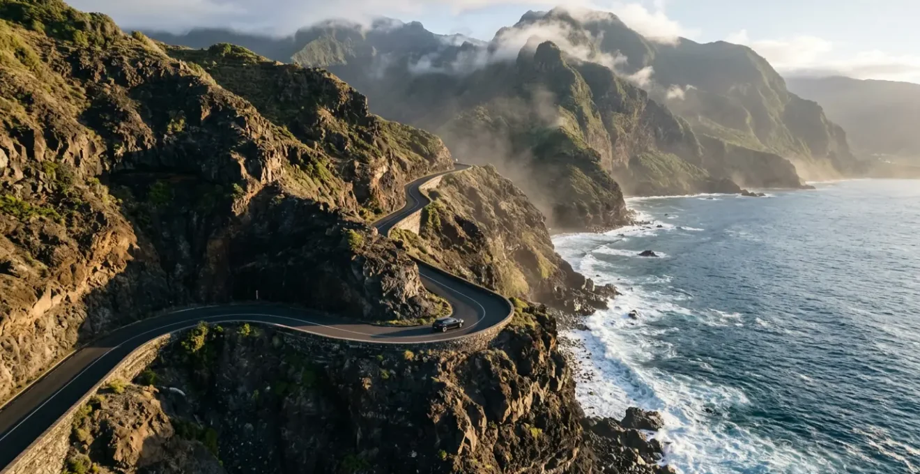 Vue aérienne d'une route côtière sinueuse à La Réunion avec une voiture sur la route escarpée