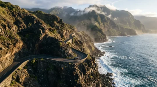 Vue aérienne d'une route côtière sinueuse à La Réunion avec une voiture sur la route escarpée