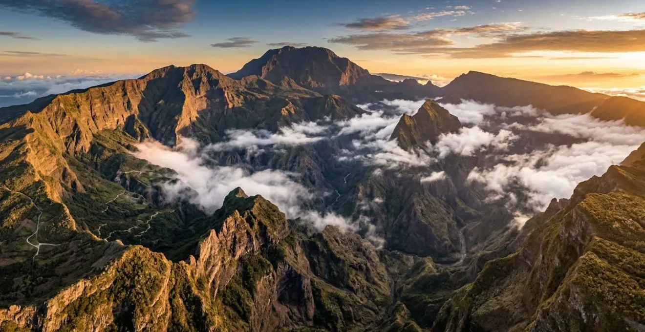 Vue aérienne spectaculaire des trois cirques de La Réunion avec le Piton des Neiges et ses remparts vertigineux