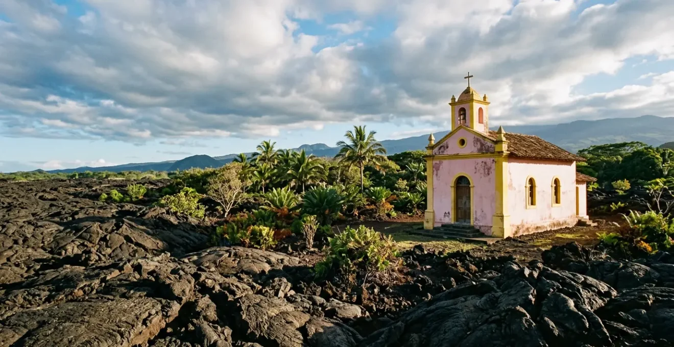 Église Notre-Dame-des-Laves à Sainte-Rose encerclée par la lave solidifiée du Piton de la Fournaise