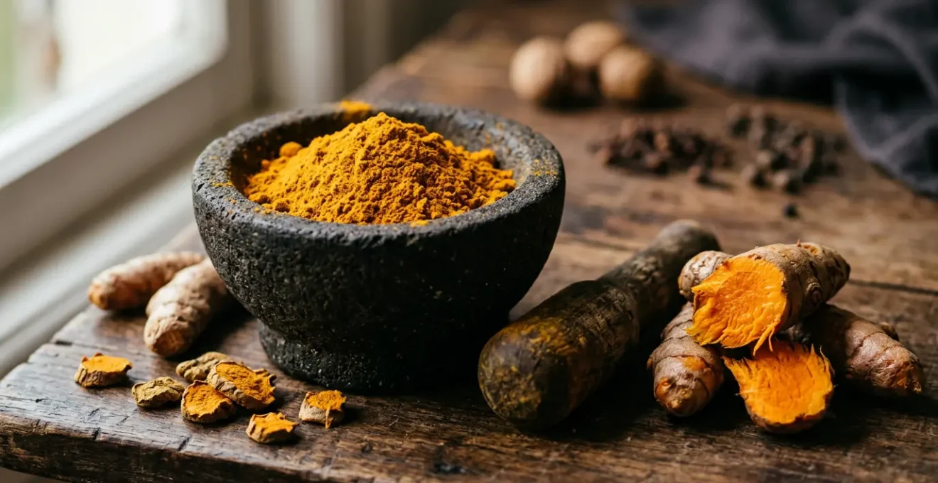 Racines de curcuma fraîches et poudre dorée dans un mortier traditionnel en pierre volcanique