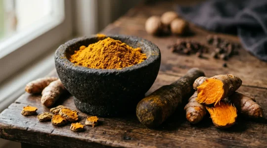 Racines de curcuma fraîches et poudre dorée dans un mortier traditionnel en pierre volcanique