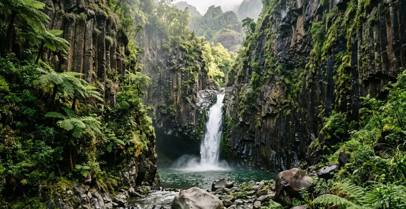 Canyon encaissé de La Réunion avec cascade et orgues basaltiques dans une forêt tropicale luxuriante