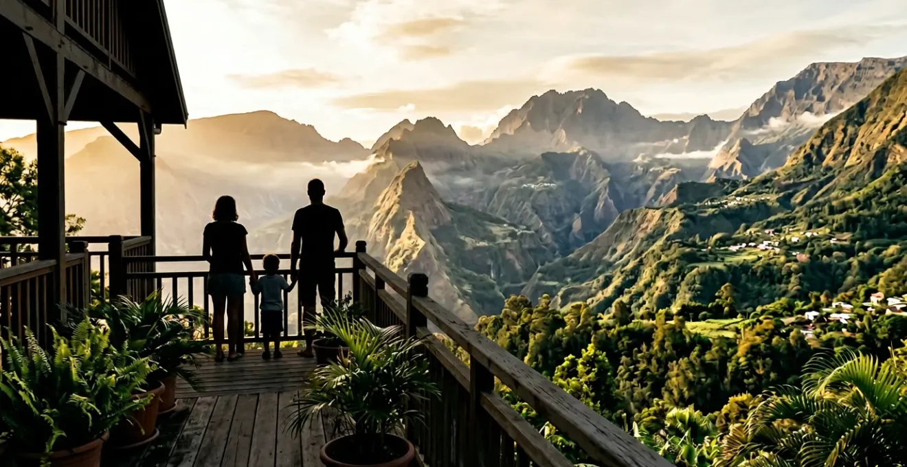 Famille observant un cirque réunionnais depuis une terrasse d'hébergement typique