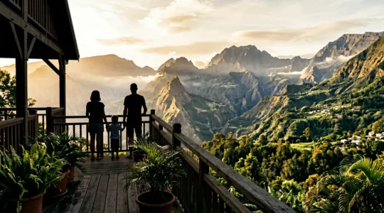 Famille observant un cirque réunionnais depuis une terrasse d'hébergement typique