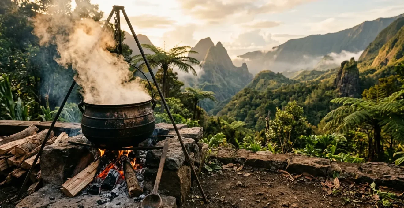 Marmite en fonte sur feu de bois avec vapeur dorée pour la cuisson du cari réunionnais traditionnel