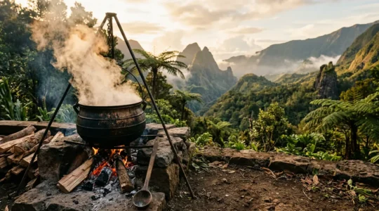 Marmite en fonte sur feu de bois avec vapeur dorée pour la cuisson du cari réunionnais traditionnel