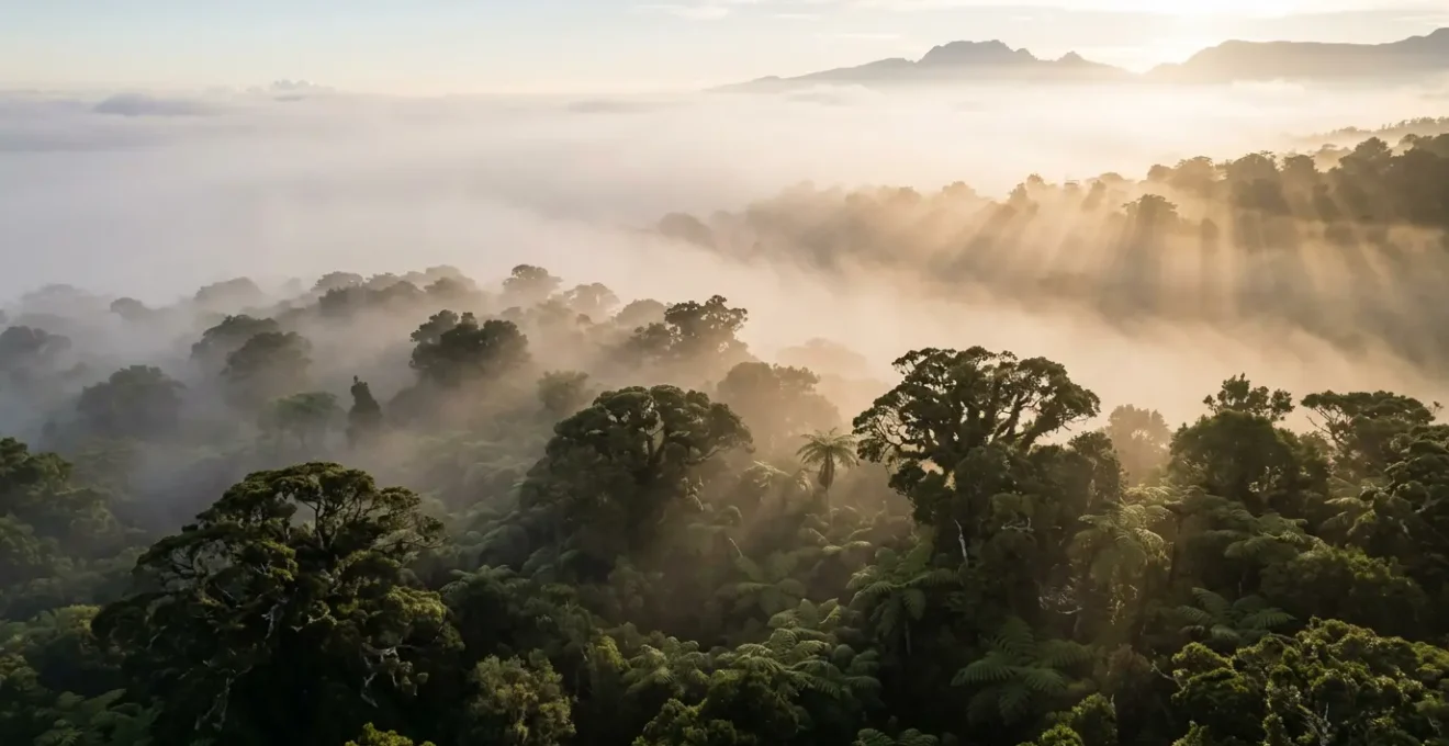 Vue aérienne de la forêt de Bélouve avec sa canopée dense de tamarins et de fougères arborescentes dans la brume matinale