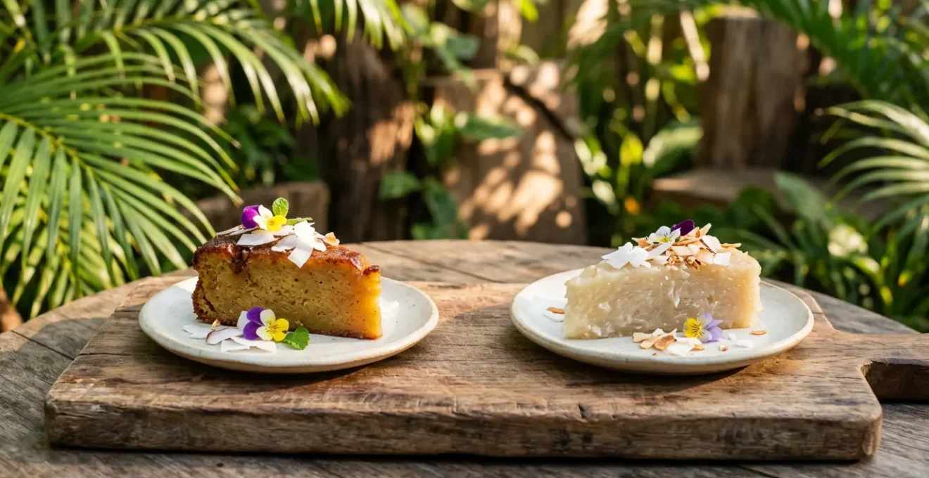 Comparaison visuelle entre gâteau patate doré et gâteau manioc nacré sur plateau tropical