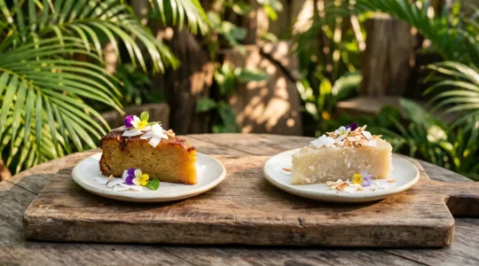 Comparaison visuelle entre gâteau patate doré et gâteau manioc nacré sur plateau tropical