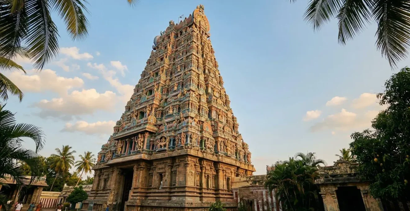 Tour ornementale colorée d'un temple hindou de La Réunion avec ses statues de divinités et ses détails architecturaux