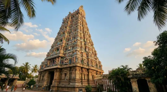 Tour ornementale colorée d'un temple hindou de La Réunion avec ses statues de divinités et ses détails architecturaux