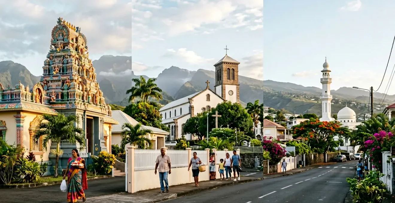 Vue panoramique montrant la coexistence harmonieuse de différents lieux de culte à La Réunion