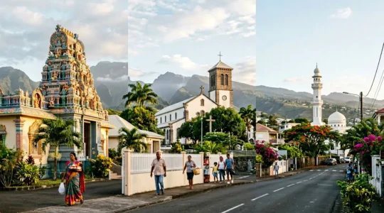 Vue panoramique montrant la coexistence harmonieuse de différents lieux de culte à La Réunion