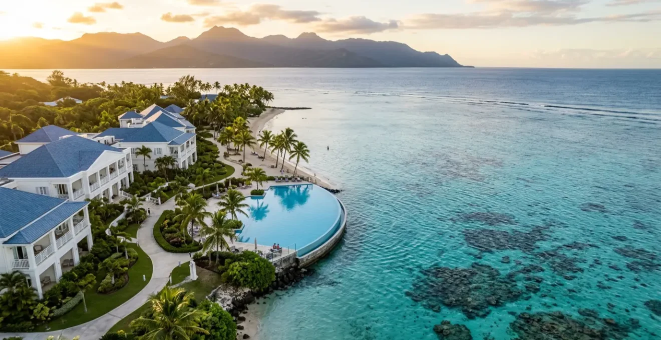 Vue panoramique d'un hôtel de luxe sur la côte ouest avec piscine à débordement face au lagon turquoise de La Réunion