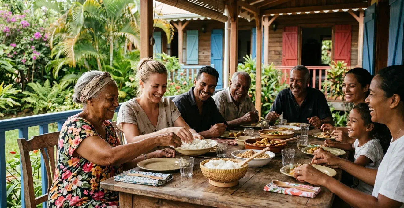 Touriste partageant un moment de convivialité avec une famille créole lors d'un repas traditionnel à La Réunion