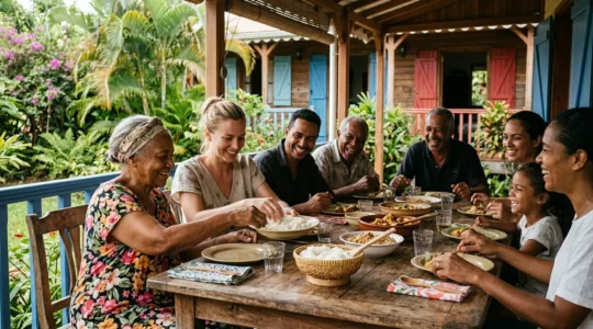 Touriste partageant un moment de convivialité avec une famille créole lors d'un repas traditionnel à La Réunion