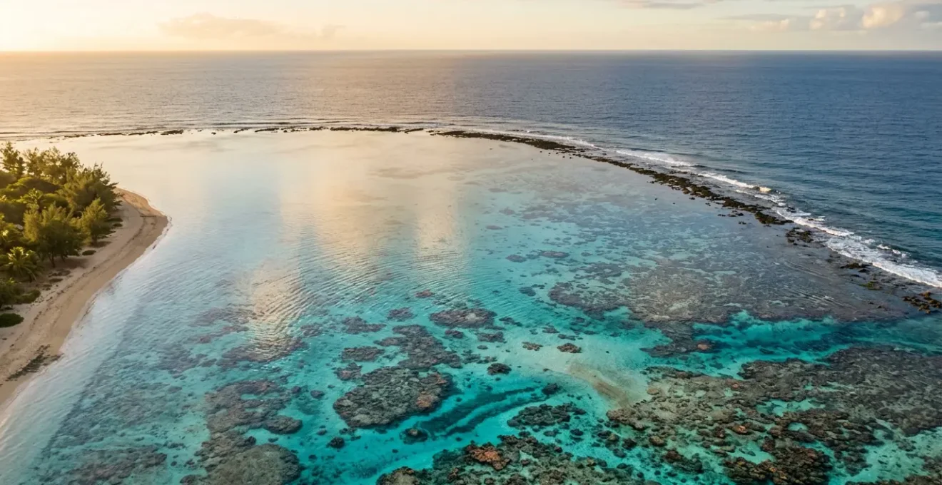 Vue aérienne du lagon de l'Ermitage à La Réunion avec ses eaux turquoise et sa barrière de corail