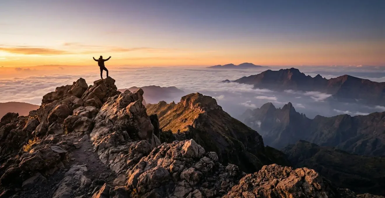 Vue panoramique depuis le sommet du Piton des Neiges au lever du soleil avec mer de nuages