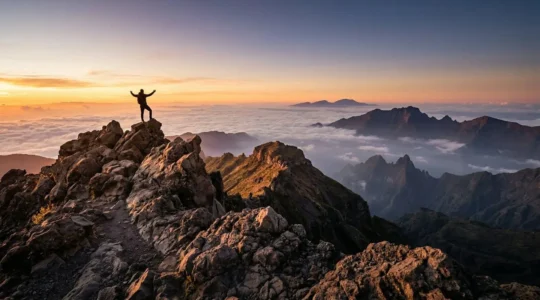 Vue panoramique depuis le sommet du Piton des Neiges au lever du soleil avec mer de nuages