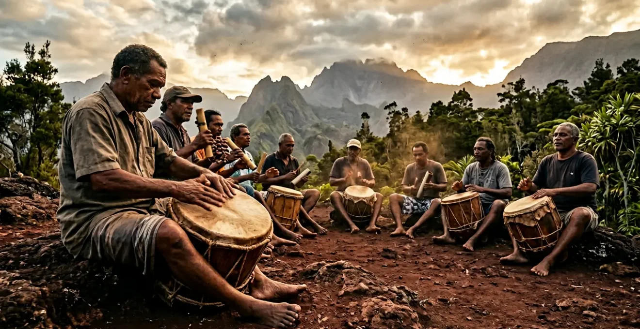 Cercle de musiciens jouant du roulèr et du kayamb lors d'un kabar traditionnel au coucher du soleil à La Réunion