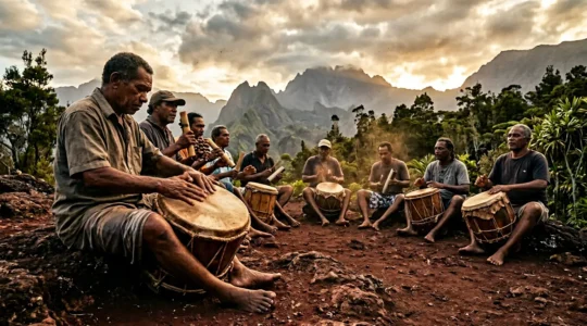 Cercle de musiciens jouant du roulèr et du kayamb lors d'un kabar traditionnel au coucher du soleil à La Réunion