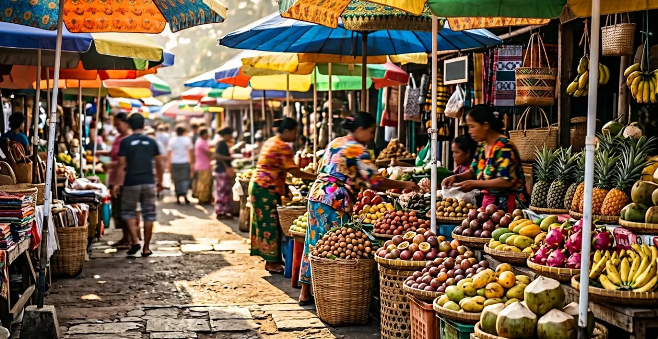 Scène vivante d'un marché forain tropical avec parasols colorés et étals de fruits exotiques