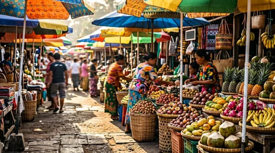 Scène vivante d'un marché forain tropical avec parasols colorés et étals de fruits exotiques