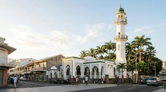 Vue extérieure de la mosquée Noor-e-Islam de Saint-Denis avec son minaret blanc de 32 mètres sous un ciel tropical