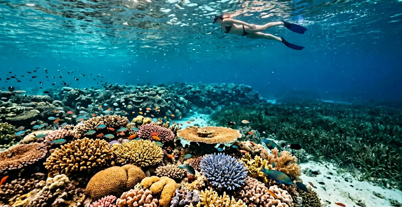 Plongeur observant un récif corallien à distance respectueuse dans un lagon tropical