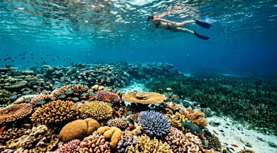 Plongeur observant un récif corallien à distance respectueuse dans un lagon tropical