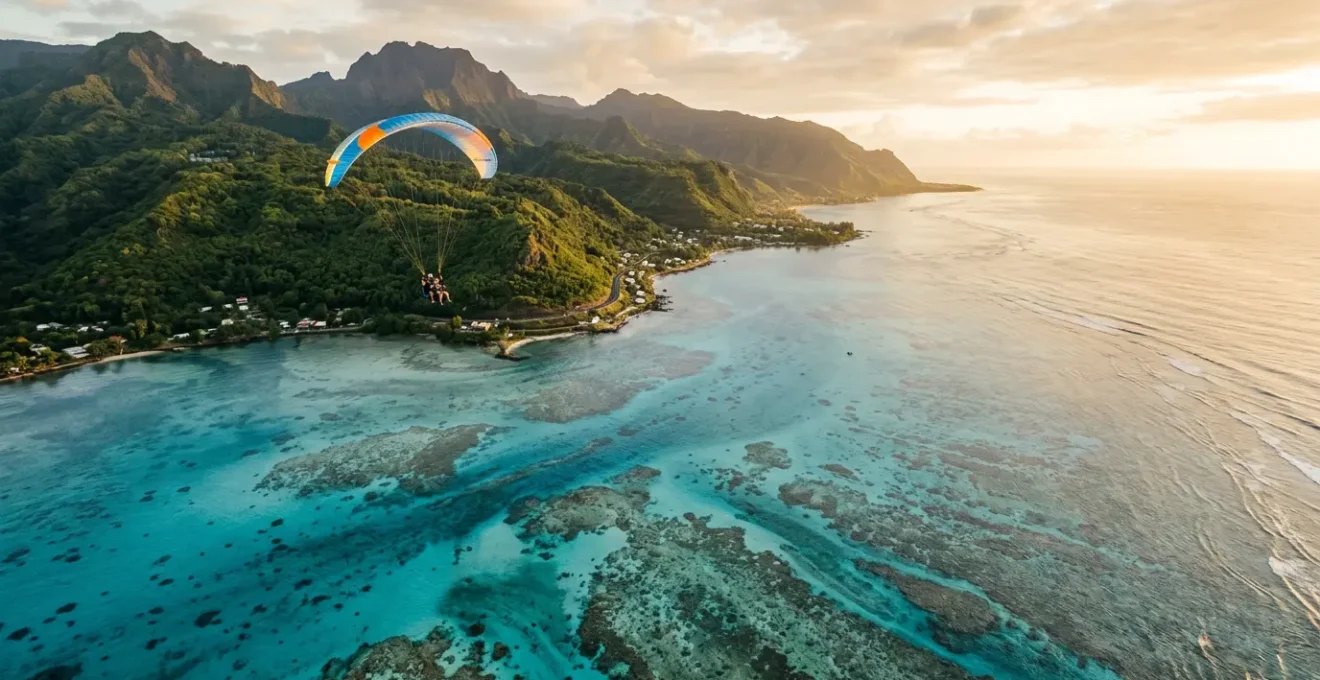 Vue aérienne d'un parapente biplace survolant le lagon turquoise de Saint-Leu à La Réunion, avec les récifs coralliens visibles et la côte montagneuse en arrière-plan