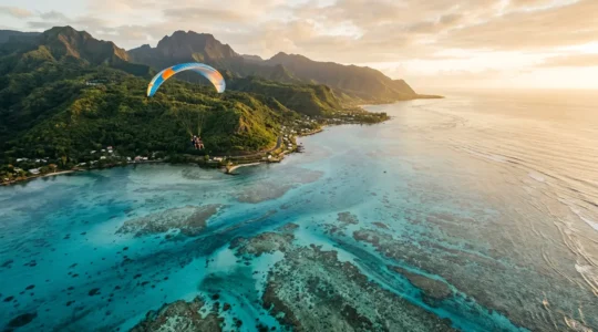 Vue aérienne d'un parapente biplace survolant le lagon turquoise de Saint-Leu à La Réunion, avec les récifs coralliens visibles et la côte montagneuse en arrière-plan