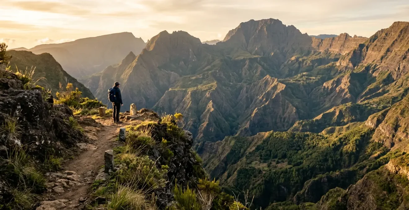 Randonneur contemplant les remparts et pitons de La Réunion depuis un sentier balisé du Parc National