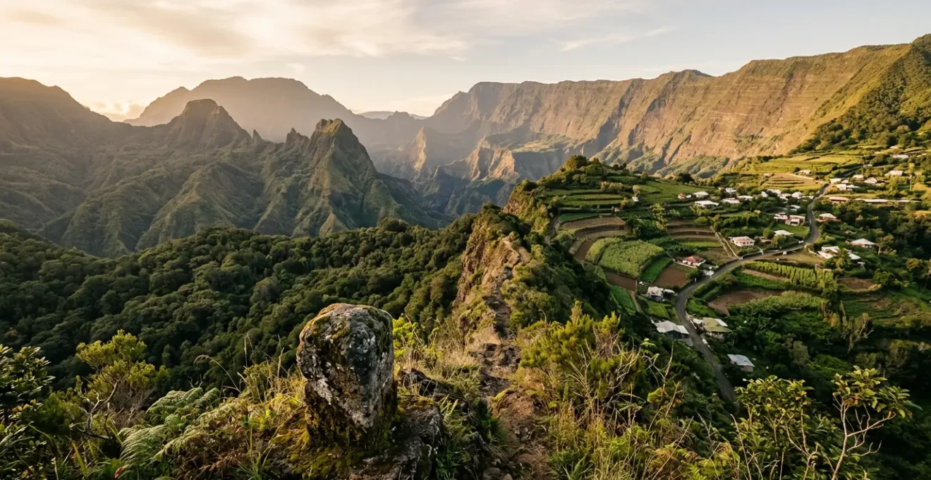 Vue panoramique du cœur du Parc National de La Réunion avec les remparts volcaniques et la végétation endémique