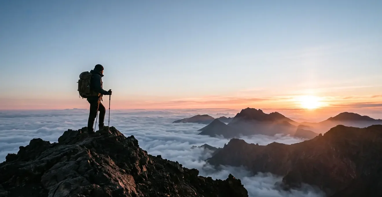 Randonneur contemplant le lever du soleil depuis un sommet de La Réunion en hiver austral