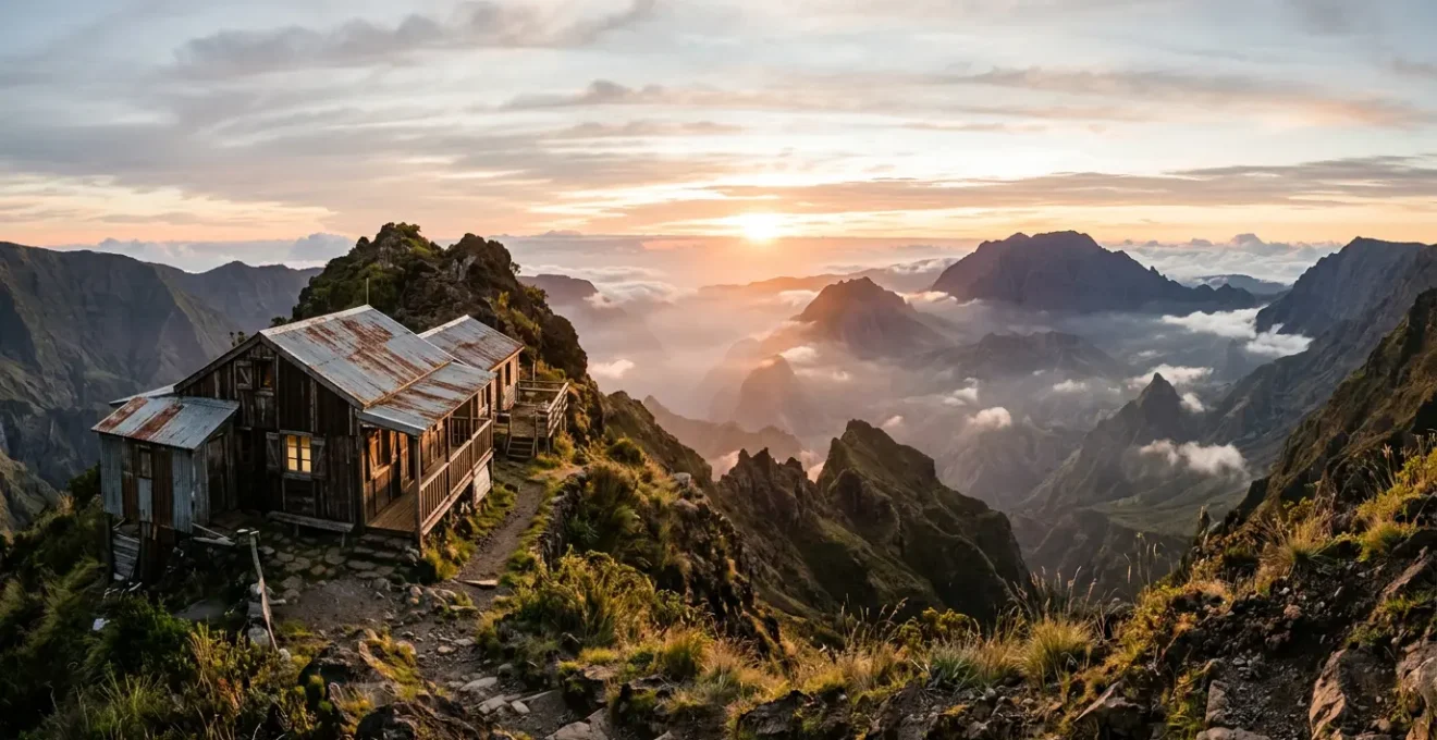 Vue panoramique d'un gîte de montagne traditionnel créole perché sur les hauteurs de Mafate au lever du soleil, avec les montagnes environnantes baignées dans une lumière dorée
