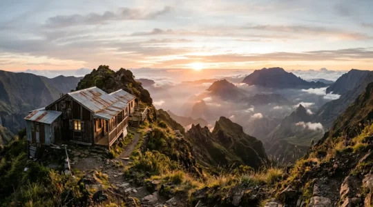Vue panoramique d'un gîte de montagne traditionnel créole perché sur les hauteurs de Mafate au lever du soleil, avec les montagnes environnantes baignées dans une lumière dorée