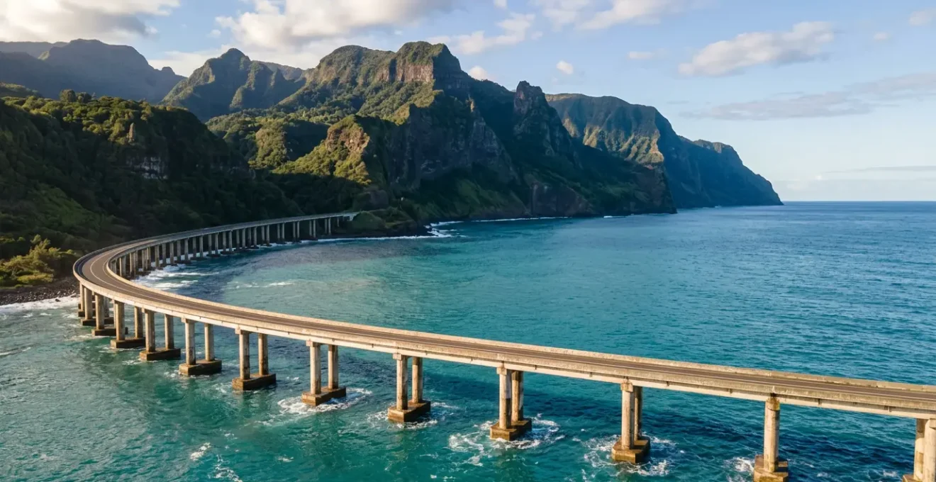 Vue aérienne du viaduc de la Nouvelle Route du Littoral surplombant l'océan Indien avec les falaises imposantes de La Réunion